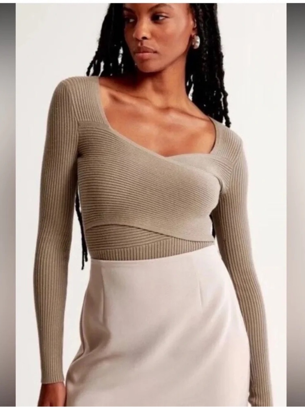 Abercrombie & Fitch Ribbed Square Neck Crossover Bodysuit Taupe Brown Size Small